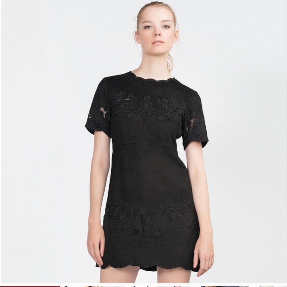 Zara Black Ultra Suede Embroidered Cut out Dress Size Large